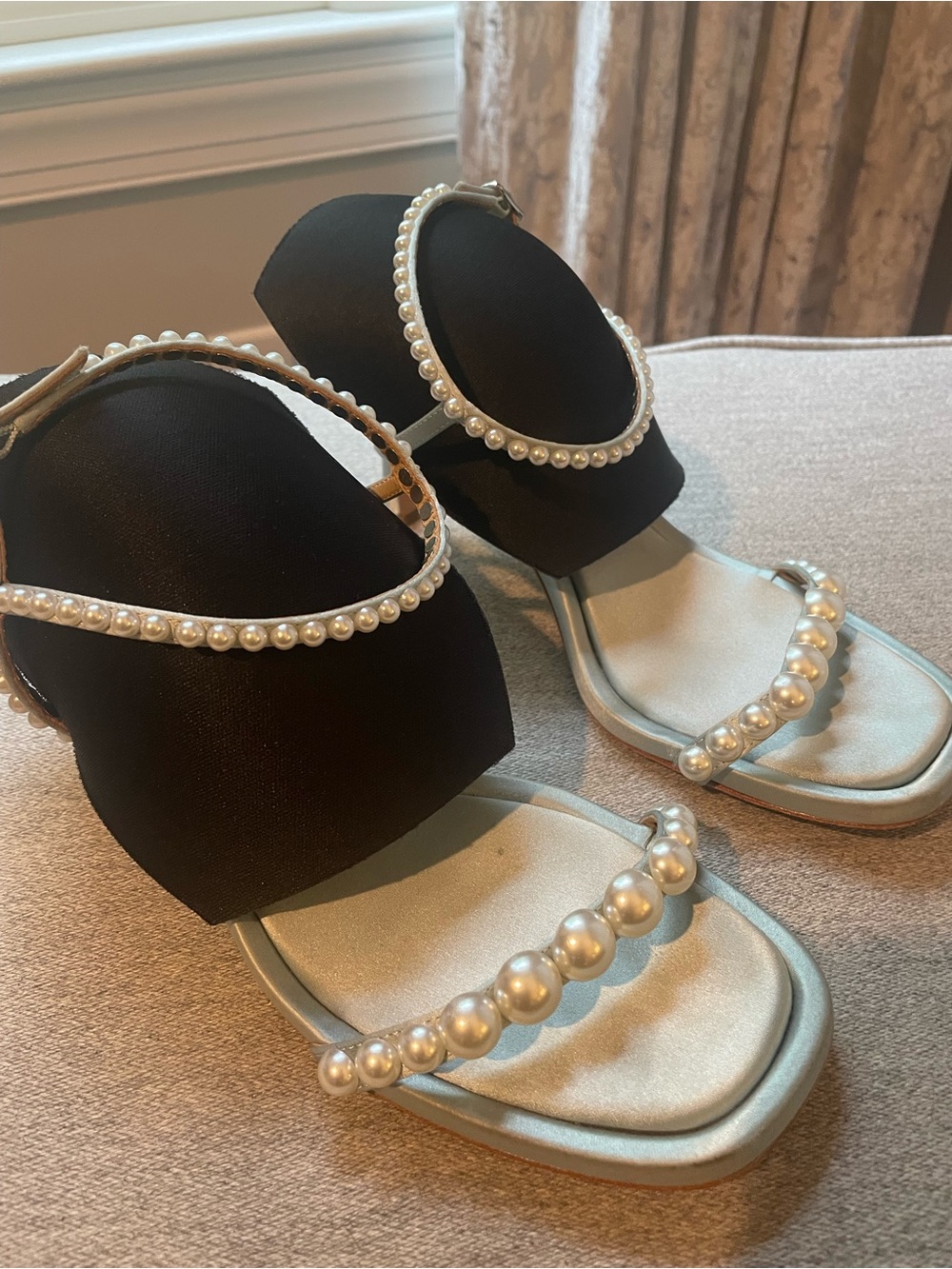 Badgley Mischka Blue Jolie  Pearl-Trim Sandals